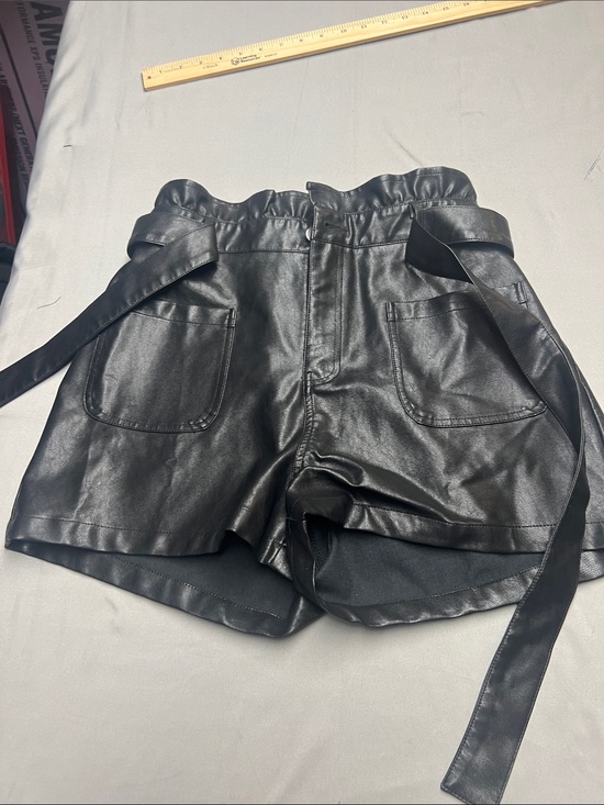 Blue Rain Pants - Blue Rain Black High-Waist Faux Leather Paperbag Shorts with Self-Tie